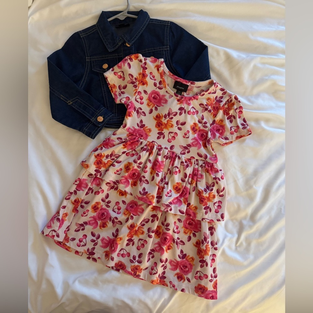 Picapino Toddler Girl’s Dress with Denim Jacket | Sz 3T | Floral, Fall Pictures